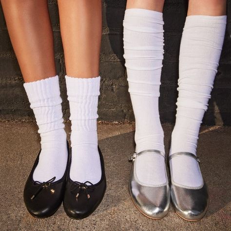 Ballet Kitten Heels, Flats With Bows, Ballet Flat Aesthetic, Ballet Flats Aesthetic Outfit, Ballet Flats With Socks Outfit, Bow Flats Outfit, Metallic Flats Outfit, Socks And Flats, Ballet Flats With Socks