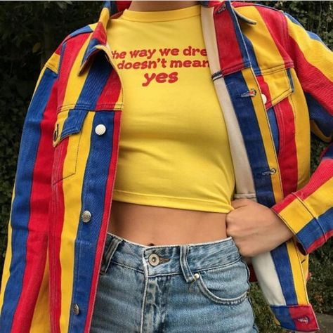 The primary color aesthetic 😍 Grunge Style Outfits, Outfit 80s, 80's Aesthetic, Clothes Amazon, Yellow Clothing, Dreamcore Aesthetic, Colors Aesthetic, Retro Clothes, Retro Outfit