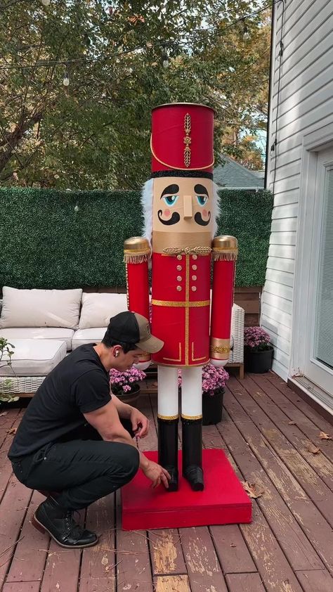 Life Size Nutcracker Soldiers Diy, Life Sized Nutcracker Diy, Diy Wooden Nutcracker Soldier Outdoor, Porch Nutcracker Diy, Nutcracker Themed Christmas Decor Ideas, Diy Nutcracker Drum, Big Nutcrackers Diy, Diy Toy Soldier Christmas, Lifesize Nutcracker Diy