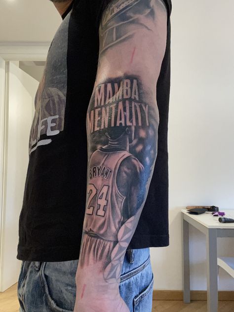 Kobe bryant Basketball Sleeve Tattoo For Men, Kobe Leg Tattoo, Kobe Tattoo Black Mamba, Black Mamba Tattoo Design, Mamba Mentality Tattoo Ideas, Kobe Bryant Tattoo Design, Nba Tattoos For Men, Kobe Tattoo Designs, Kobe Tribute Tattoo