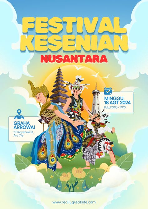 Experience the vibrant culture of Indonesia at our 'Nusantara Art Festival' with our Illustrative Blue and Yellow Poster. Dive into a world of traditional arts and colors that celebrate the richness of our heritage. Join us in this cultural extravaganza—mark your calendars now! Asean Poster Design, Cultural Festival Poster, Join Us Poster, Festival Design Poster, Blue And Yellow Poster, Nusantara Art, Cultural Poster, Heritage Poster, Illustration Culture