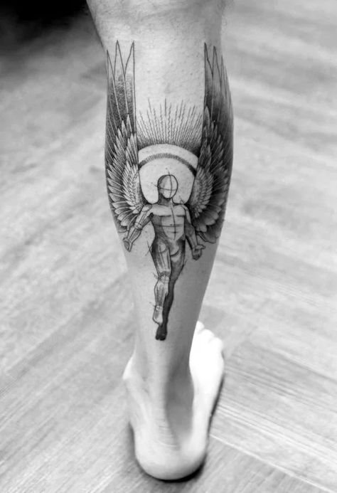 Leg Tattoos For Men - Body Artifact Fire Angel Tattoo, Man Calf Tattoo, Tattoo Placement Men, Calf Tattoos For Guys, Leg Tattoos For Men, Mandala Thigh Tattoo, Calf Tattoo Men, Back Of Leg Tattoos, Leg Tattoo Ideas