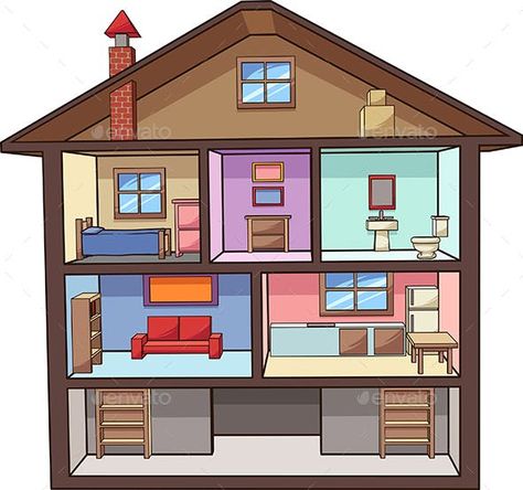 Cartoon House Interior by memoangeles | GraphicRiver Animated House Drawing, Cartoon House Interior, Attic Drawing, Interior Vector, House Architecture Styles, Bathroom Cartoon, Home Gym Design Garage, Interior Floor Plan, House Cartoon