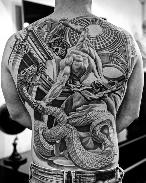 black & gray tattoo artist jun cha works across sculpture and painting in his creations Tato 3d, Tattoo Artists Near Me, La Tattoo, Polynesian Tattoos, Black White Tattoos, Statue Tattoo, Istoria Artei, White Ink Tattoo, Men Tattoos