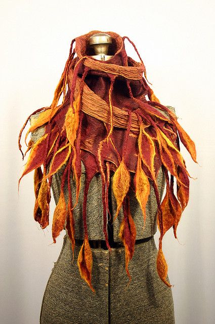 Hanging Leaf, Feather Fringe, Felt Fashion, Leaf Scarf, Felted Scarves, Wrap Scarf, Soft Sculpture, Fantasy Clothing, Fantasy Fashion