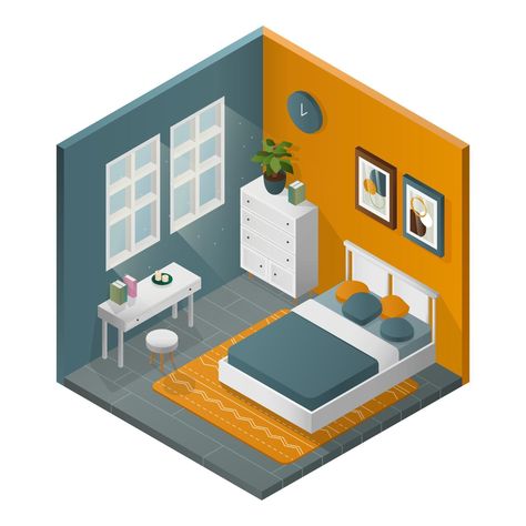 Isometric gradient yellow square bedroom in vector Bedroom Isometric Drawing, Cycle Animation, Square Bedroom, Math Club, Interior Design Portfolio Layout, Bedroom Drawing, Isometric Drawing, Sketches Pencil, Portfolio Design Layout