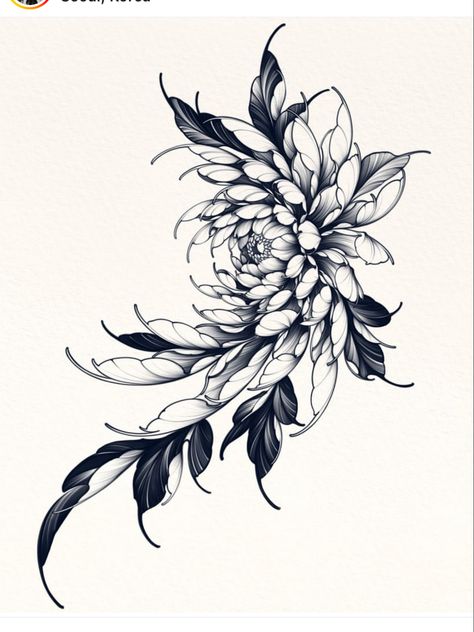 Flower For Tattoo, Dark Flower Tattoo Design, Chrysanthemum Tattoo Men, Chrysanthemum Flower Tattoo Design, Chrysanthemum Tattoo Black, Negative Space Flower Tattoo, Dark Femme Tattoo Ideas, Flower Tattoo Black And Grey, Peony Kneecap Tattoo