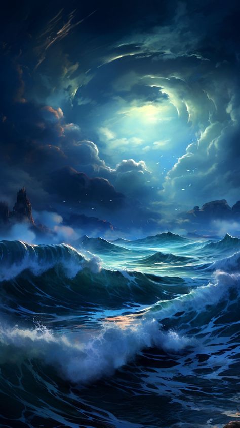 Fantasy Ocean Art, Ocean Fanart, Ocean Fantasy Art, Aesthetic Lock Screen Wallpaper, Space Sunset, Church Mural, Fantasy Ocean, Fantasy Sea, Imaginary Landscapes