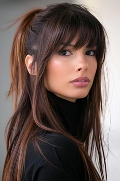 Long Hair And Fringe Bangs, Bangs 2024 Hairstyles, Face Framing Bangs Straight Hair, Bangs With Framing Pieces, Franje Pony, Different Styles Of Bangs, Long Brown Hair With Bangs, Black To Brown Hair, Long Black Hair With Bangs