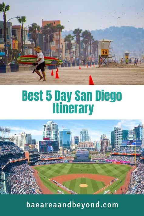 Check out our 5-day San Diego itinerary! We include different things to do each day, that suit every budget. You'll get to see the best parts of the city, try tasty food, and enjoy activities that locals love. San Diego 5 Day Itinerary, San Diego Itinerary, California Winery, Visit San Diego, Summer Vacation Destinations, Mission Beach, San Diego Zoo, Balboa Park, Surf Lesson