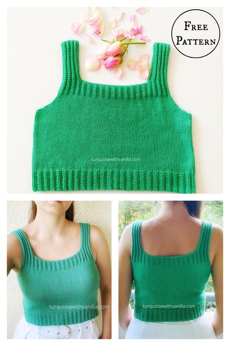 Summer Crop Top Free Knitting Pattern Ribbed Knit Top Pattern, Easy Knit Crop Top Pattern, Ladies Tank Top Knitting Pattern, Worsted Yarn Knitting Patterns, Knitting Tops For Women Free Pattern, Knit Tank Top Pattern Free Summer, Crop Top Knitting Pattern Free, Free Summer Knitting Patterns For Women, Knit Top Free Pattern