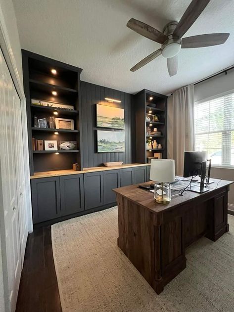 Modern Home Office Built Ins, Black Office Built Ins With Desk, Office Built Ins Behind Desk, Built In For Office, Hunting Office Ideas, Built In Bookshelf Office, Man Office Decor At Work, Home Office Wood Paneling, Dark Moody Home Office