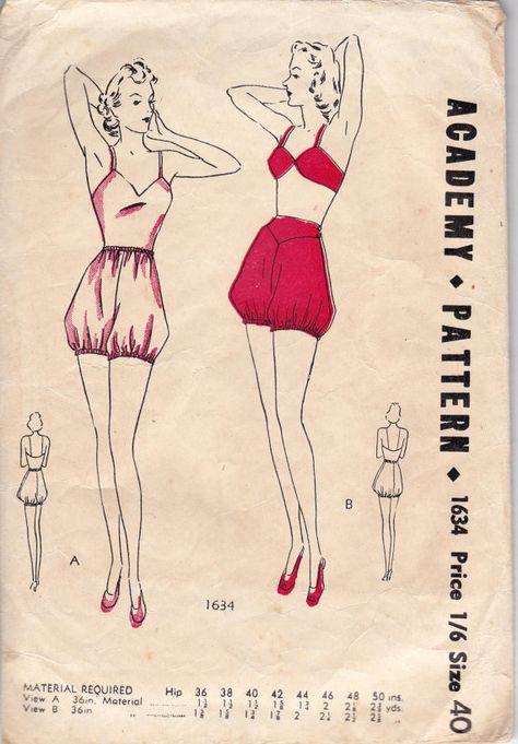 1940s Academy plus-size undies sewing pattern --- what about doing a pointed yoke like this on leggings? Free Lingerie Sewing Pattern, Bloomers Sewing Pattern, Lingerie Sewing Pattern, Lady Aesthetic, Sewing Alterations, Fashion Illustration Vintage, Sewing Lingerie, Cottagecore Fashion, Wardrobe Planning