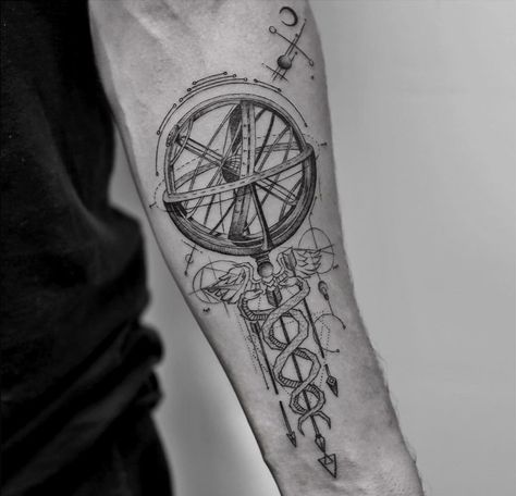 The caduceus is the traditional symbol of Hermes, made up of two snakes around a winged staff. The Armillary Sphere is a model of the globe, with rings and hoops representing the equator and the tropics. Tattoo by Balazs Bercsenyi. Sacred Geometric Tattoo, Caduceus Tattoo, Science Tattoo, Science Tattoos, Nurse Tattoo, Medical Tattoo, Crazy Tattoos, Inner Forearm Tattoo, Armillary Sphere