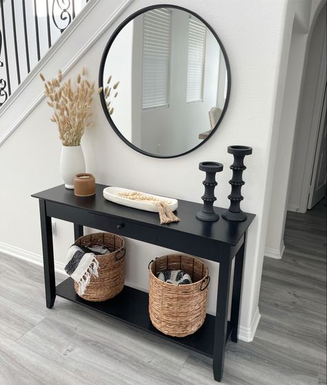 Black Entry Table Decor Modern, Circle Mirror Living Room, Black Entryway Table, Hallway Table Decor, Living Room Ideas Apartment, Room Ideas Apartment, Small Entryway Table, Apartment Living Room Ideas, Mcgee Target