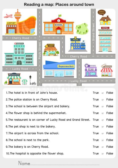 Preposition Worksheets, Map Worksheets, English Activities For Kids, Line Abstract, Map Reading, English Exercises, Teaching English Grammar, Maps For Kids, 2nd Grade Worksheets