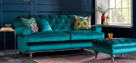 What Is Teal and How To Use It In Interior Design | Homesthetics - Inspiring ideas for your home. Teal Couch Living Room, Teal Sofa Living Room, Teal Velvet Sofa, Teal Couch, Classic Sofa Styles, Teal Living Room Decor, Turquoise Sofa, Teal Living Rooms, Teal Sofa