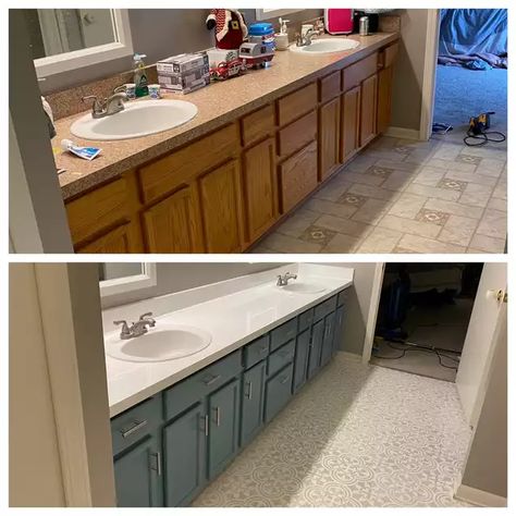 My $150 DIY Bathroom Makeover - Imgur Before And After Bathroom Vanity, 90s Bathroom Vanity Makeover, Adding A Bathroom To A Bedroom, 1980s Bathroom Makeover, 2000s Bathroom Update, Old Bathroom Vanity Makeover, Double Wide Bathroom Remodel, 90s Bathroom Update, 1970s Bathroom Remodel