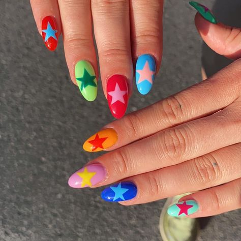 vibrant summer holiday nails Fun Nail Patterns, Bright Colourful Nails, Random Nail Art, Bright Colour Nail Designs, Star Nails Colorful, Colourful Christmas Nails, Bright Coloured Nails, Colourful Nails For Summer, Funky Nail Designs Fun