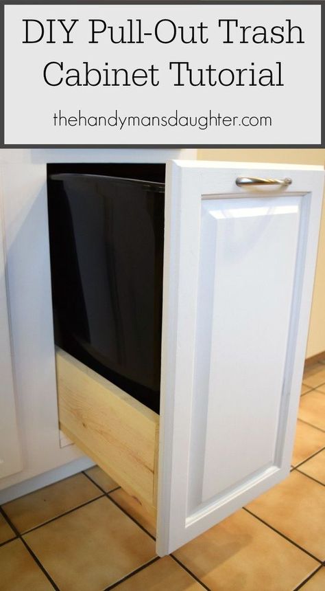 DIY+Pull-Out+Trash+Cabinet+Tutorial. I'd like this at the end of my existing cupboard where my trash cans already are. It wouldn't take up any extra space. Trash Cabinet, Pull Out Trash Cans, Trash Can Cabinet, Diy Kitchen Renovation, Cabinets Diy, Diy Kitchen Storage, Diy Kitchen Cabinets, Diy Renovation, Built In Cabinets