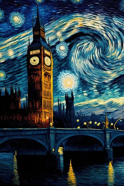 Van Gogh Inspired Art, Big Ben Art, Van Gogh Wallpaper, Night In London, Van Gogh Inspired, Starry Night Art, Starry Night Painting, Vincent Van Gogh Art, Vincent Van Gogh Paintings