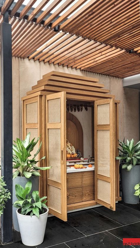 Puja Room In Balcony, Mandir Cabinet Design Modern, Contemporary Mandir Design, Mandir In Balcony, Small Pooja Unit Designs, Home Mandir Ideas, Home Pooja Room Ideas, Home Temple Decoration Ideas, House Temple Design Indian