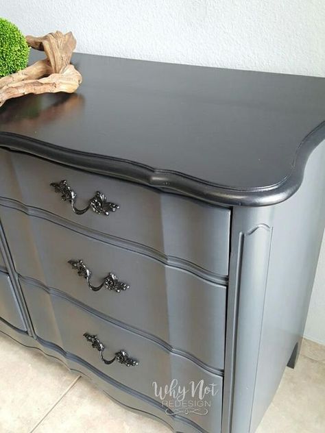 This classy dresser was given a fresh outlook thanks to Why Not Redesign! Custom color mix made with GF Queenstown Gray Milk Paint and Black Pepper Chalk Style Paint. Grey Bedroom Furniture, Bedroom Furniture Makeover, Painted Bedroom Furniture, Pepper Color, Grey Furniture, Furniture Rehab, Dresser Makeover, Furniture Renovation, Painting Furniture Diy