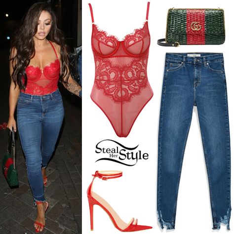 Jesy Nelson: Striped Suspender Leggings Outfit | Steal Her Style Red Lace Bodysuit Outfit Jeans, Red Bodysuit Outfit Jeans, Red Lace Bodysuit Outfit, Lace Bodysuit Outfit Jeans, Red Bodysuit Outfit, Bodysuit Outfit Jeans, Lace Bodysuit Outfit, Jeans And Bodysuit, Red Lace Bodysuit