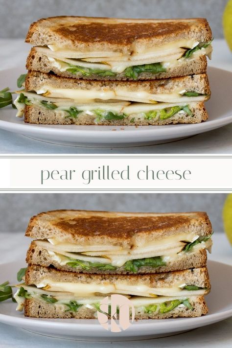 Take your grilled cheese game to the next level with this brie and pear grilled cheese! Layered with crisp pear slices, creamy brie cheese, sweet honey, and zesty arugula, this simple sandwich is the perfect combination of flavors. Pear Grilled Cheese, Pear Sandwich, Brie And Pear, Lunches For Adults, Meatless Dinner Ideas, Kay Nutrition, Creamy Brie, Cheese Game, The Perfect Sandwich