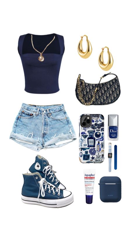 Blue Basic Outfit, Outfit Idea Preppy, Cute Outfits For School Aesthetic, Blue Outfit For School, Blue Outfit Inspo Aesthetic, Navy Summer Outfit, Navy Blue Summer Outfits, Summer Mall Outfit, Blue Outfit Ideas Summer