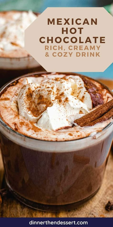 This Mexican Hot Chocolate recipe is a comforting drink with rich chocolate flavor, creamy texture, warm cinnamon flavor, and a bit of heat. Authentic Mexican Hot Chocolate, Chili Hot Chocolate, Hot Drinks No Caffeine, Mexican Hot Chocolate Crockpot, Mexican Hot Cocoa, Hot Chocolate With Cinnamon, Horchata Hot Chocolate, Pero Drink Recipes, Homemade Mexican Hot Chocolate