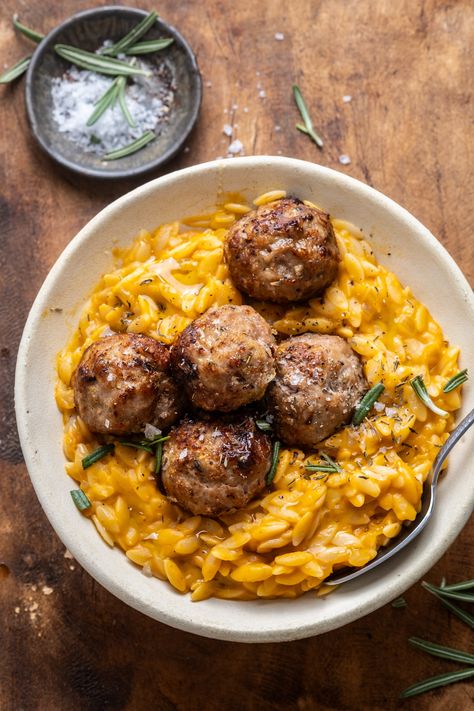 Lemon Thyme Meatballs with Pumpkin Orzo - Wandering Chickpea Pumpkin Orzo, Wandering Chickpea, Winter Dinners, Orzo Recipe, Orzo Recipes, Lemon Thyme, Turkey Meatballs, Oven Baked Chicken, Fall Dinner