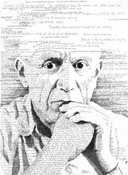 Picasso In His Own Words Typographic Portrait, Typography Portrait, Text Portrait, Portraits Illustrés, Text Artist, Vector Portrait Illustration, Word Drawings, Pablo Picasso Paintings, Handwritten Text