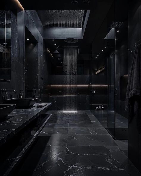 Dark Modern House Interiors, Black Luxury House, Black Bathroom Decor Ideas, Dark House Aesthetic, Black Modern House, Dark Modern House, Black Bathroom Decor, Dark Bathrooms, Dark Modern