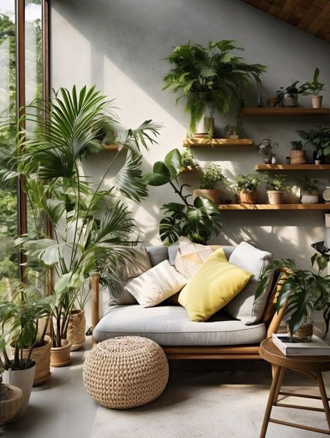 Biophilic Design Small Apartment, Zen Room With Plants, Minimal Bedroom With Plants, Biophilic Interior Design Bedroom, Green Oasis Interior, Biophilic Apartment, White Room With Plants, Biofilia Interior Design, Organic Design Interior