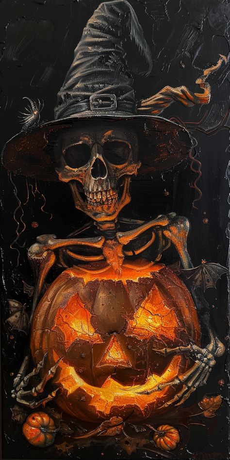 #HyperRealistic #HalloweenTheme #PumpkinWithGlowingEyes #Skeleton #WitchHat #OilPainting #DarkBackground Halloween Skull Wallpaper, Digital Art Halloween, Halloween Creepy Aesthetic, Halloween Oil Painting, Halloween Phone Wallpapers, Skeleton Halloween Wallpaper, Halloween Pictures Aesthetic, Halloween Scary Wallpaper, Halloween Wallpaper Dark