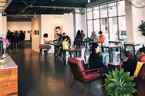 Cafe and Art Gallery Combo Opens in Oakland - Eater SF Art Gallery Restaurant Design, Cafe And Art Gallery, Art Gallery Cafe Interiors, Art Gallery Cafe Coffee Shop, Cafe Art Gallery, Art Gallery Design Interior, How To Open An Art Gallery, Coffee Shop Art Gallery, Art Cafe Ideas