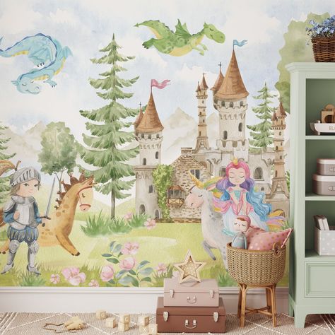 Self Adhesive Temporary Removable Vinyl Wallpaper Or Polyester Wallpaper with Watercolor Green Forest Fairy Magic Castle with Princess and Prince. Unicorn, Horse and Dragons. Flower Field Fairytale Wall Decal. Great for Kids room, Nursery room, Girls room, Bedroom, Living Room, Bathroom. You can use the Peel and Stick Smooth or Canvas Texture Vinyl application, you can choose to use Light Textured Peel and Stick Fabric Material or Pre-Pasted Traditional Paper. We have a unique approach to each o Unicorn Mural, Dragon Nursery, Kindergarten Wallpaper, Tree Wall Murals, Fairy Castle, Murals For Kids, Magic Castle, Room Girls, Watercolor Green