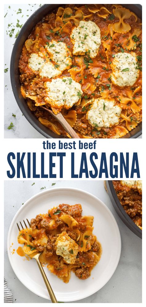 This one-pot skillet lasagna is comfort food made easy when you're craving a hearty Italian dish! Each bite is filled with seasoned beef, bowtie pasta, and pasta sauce then topped with a creamy parmesan-ricotta for the most epic bite! #pastadinner #onepotrecipe #skilletlasagna #lasagnarecipe #beefrecipe #italianrecipe Skillet Spinach Lasagna, Italian Skillet Dinner, Skillet Pasta Recipes Ground Beef, Healthy Skillet Lasagna, Beef And Ricotta Recipes, Pasta Dinner Recipes Ground Beef, Lasagna With Bow Tie Pasta, Ground Beef Ricotta Recipes, Spaghetti With Ricotta