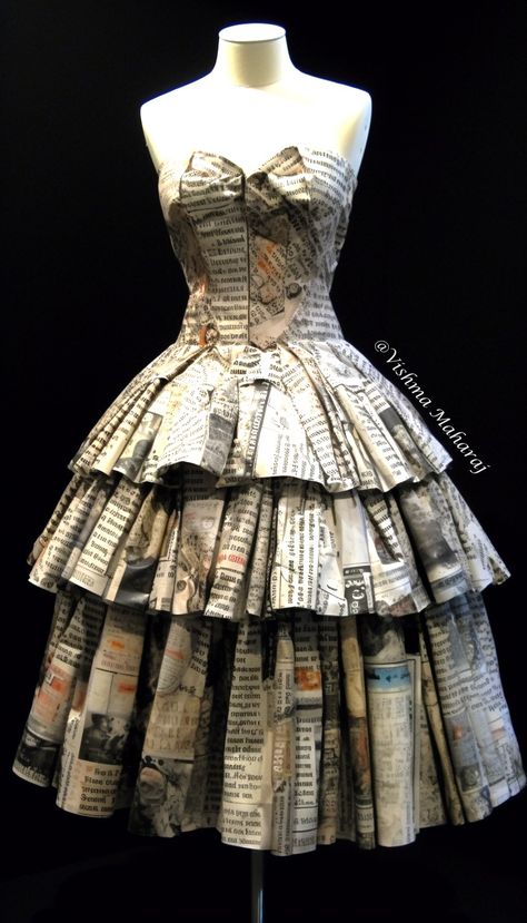 Paper Dress - Encyclopedia by Vishma Maharaj Recycle Dress Ideas Fashion, Newspaper Dress Diy, Paper Dress Fashion, News Paper Dress, Recycled Dress Ideas, Dresses Made From Recycled Materials, Vishma Maharaj, Recycled Gown, Paper Dress Art