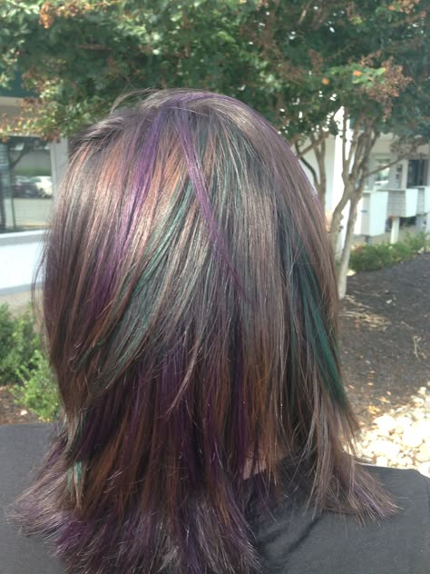 Brown hair with purple and green peekaboo highlights Purple And Green Hair, Hairstyles Images, Purple Hair Highlights, Popular Images, Hair Trim, Hair Color Purple, Hair Control, Hair Color Blue, Trendy Hair