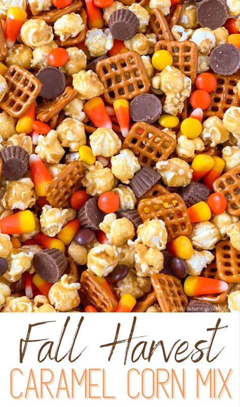 Close up of Fall Harvest Caramel Corn Mix Snack Mix With Candy Corn, Fall Harvest Caramel Corn, Autumn Mix Candy Corn, Candy Corn Peanut Recipe, Scarecrow Mix Snack, Fall Snack Party Ideas, Harvest Chex Mix Candy Corn, Thanksgiving Popcorn Treats, Candy Corn Trail Mix Fall Snacks