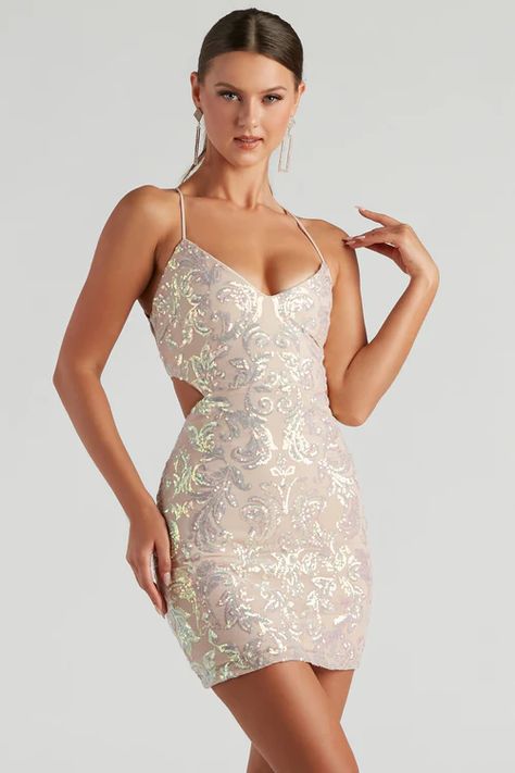 New Year's Eve Outfits | Windsor Outfit With Hoop Earrings, Iridescent Sequin, Dressy Dresses, Ethereal Beauty, Sequin Mini, Hoco Dresses, Sequin Mini Dress, Women's Fashion Dresses, Homecoming Dresses