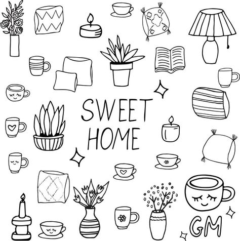 cozy home hand drawn in doodle style. set of elements for design sticker, poster, icon, card. , scandinavian, hygge, monochrome. lettering sweet, book, candles, pillows, vases with flowers, cups Hygge Drawing Ideas, Doodle Stickers Hand Drawn, Hygge Doodles, Cozy Doodles, Vase Doodle, Pillow Doodle, Candle Doodle, Cozy Drawing, Cup Doodle