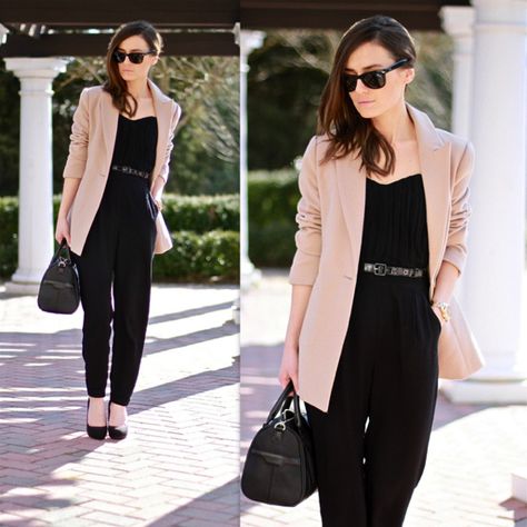 Tips:How To Style Cute Plus Size Jumpsuits For Short Girls goo.gl/D4kyMk Romper With Blazer Outfits, Romper With Blazer, Casual Black Jumpsuit, Jumpsuit With Jacket, Black Jumpsuit Outfit, Winter Wedding Outfits, Fall Fashion Skirts, Jumpsuit Outfits, Jumpsuit And Blazer