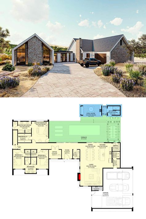 Two-Story Modern Style 5-Bedroom House Plan for a Wide Lot with Courtyard Entry Garage and Poolhouse Ultra Modern House Plans, Scandinavian House Plan, Gardening Beds, U Shaped House Plans, L Shaped House Plans, U Shaped Houses, Shaped House, 5 Bedroom House Plans, Courtyard Pool