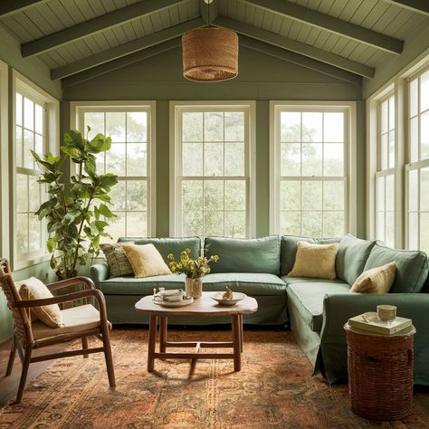 34 Bright Sunroom Decor Ideas - Rhythm of the Home Sunroom Paint Colors Ideas, Painted Sunroom, Indoor Sunroom Furniture Ideas, Dining Room Wood Table, Sunroom Paint Colors, Sunroom Furniture Layout, Indoor Sunroom Furniture, Green Sunroom, Centerpieces Dining Table