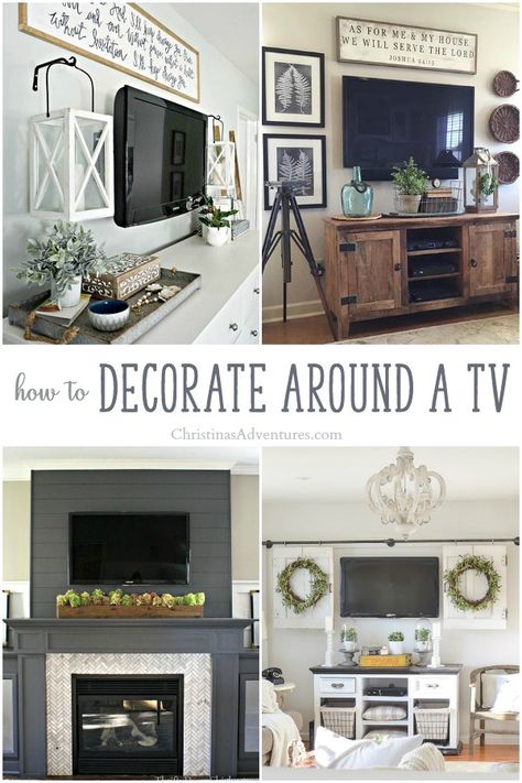 Genius ideas for how to decorate around a TV – lots of ideas for different decor styles! You don’t need a big budget to camouflage a television, just some smart planning! How To Decorate Around A Tv, Decor Around Tv, Genius Ideas, Tv Decor, Baby Shower Decor, Living Room Remodel, Room Remodeling, Living Room Tv, Farmhouse Living