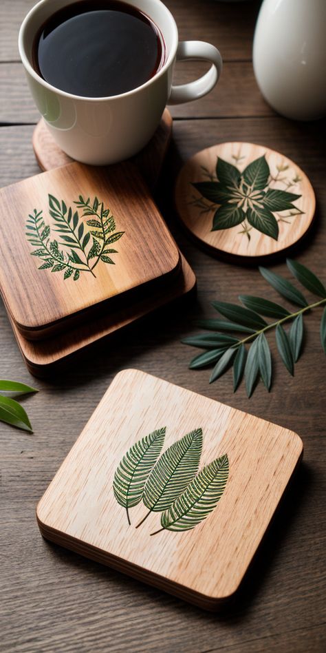 How To Make Wood Coasters, Costers Diy Wooden Painting, Diy Coaster Designs, Christmas Coasters Wood, Cup Coasters Diy Ideas, Wood Coaster Art, Laser Engraved Coasters, Wood Coaster Ideas, Wooden Coaster Ideas