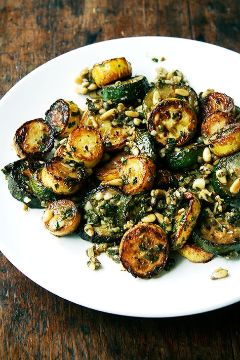 This sautéed zucchini recipe is one of the most delicious things I've made in awhile. What I love about the dish is that even though the dressing is a jumble of ingredients, you can taste each element — the bite of the vinegar, the zing of the garlic, the sweet herbs, the crunchy nuts. // alexandracooks.com 800g Challenge, March Meals, Sautéed Zucchini, Sauteed Zucchini, Eat Pretty, Recipes Yummy, Low Carb Paleo, Monkey Bread, Idee Pasto Sano